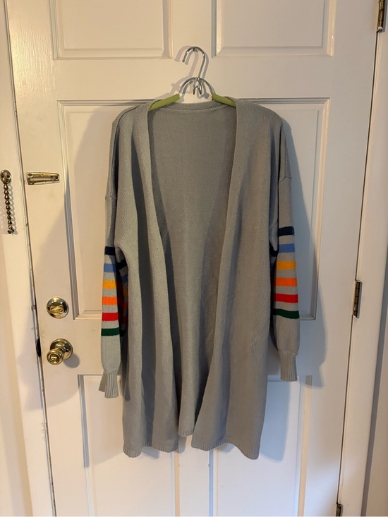 Sweaters - Light Gray Women's Open Cardigan with Rainbow Sleeve Stripes